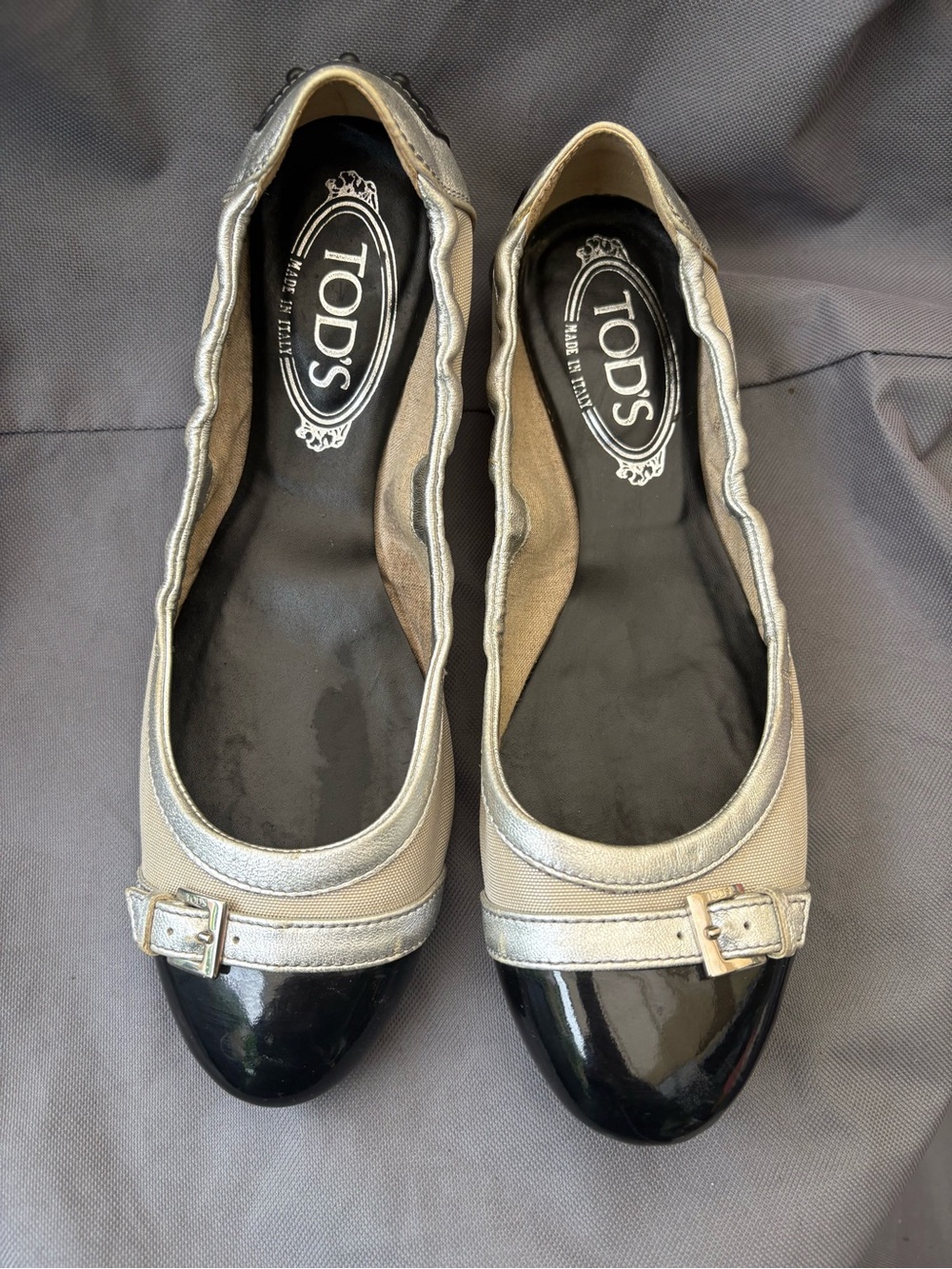 TOD'S Silver and Black Cap-Toe Ballet Flats with Buckle